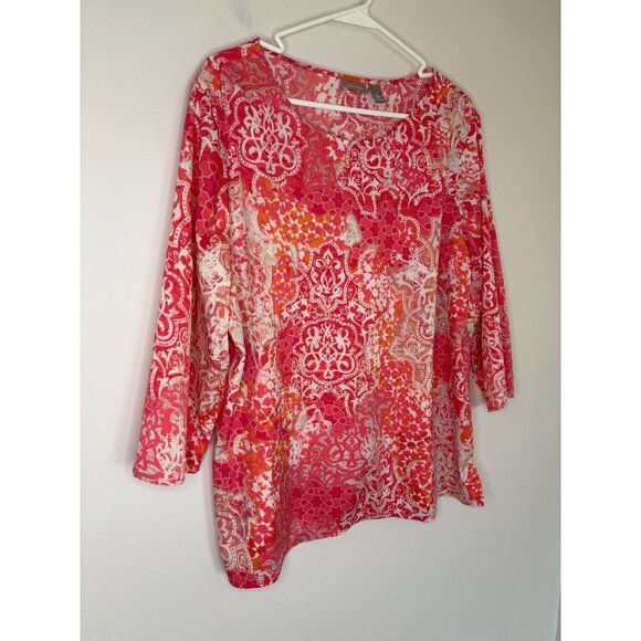 CHICO'S Colorful Tunic Womens XL (3) PInk Orange Floral 3/4 Slv Flowy - Picture 5 of 6
